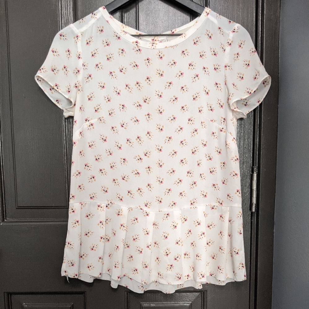 LOFT White and Pink Floral Print Peplum Top